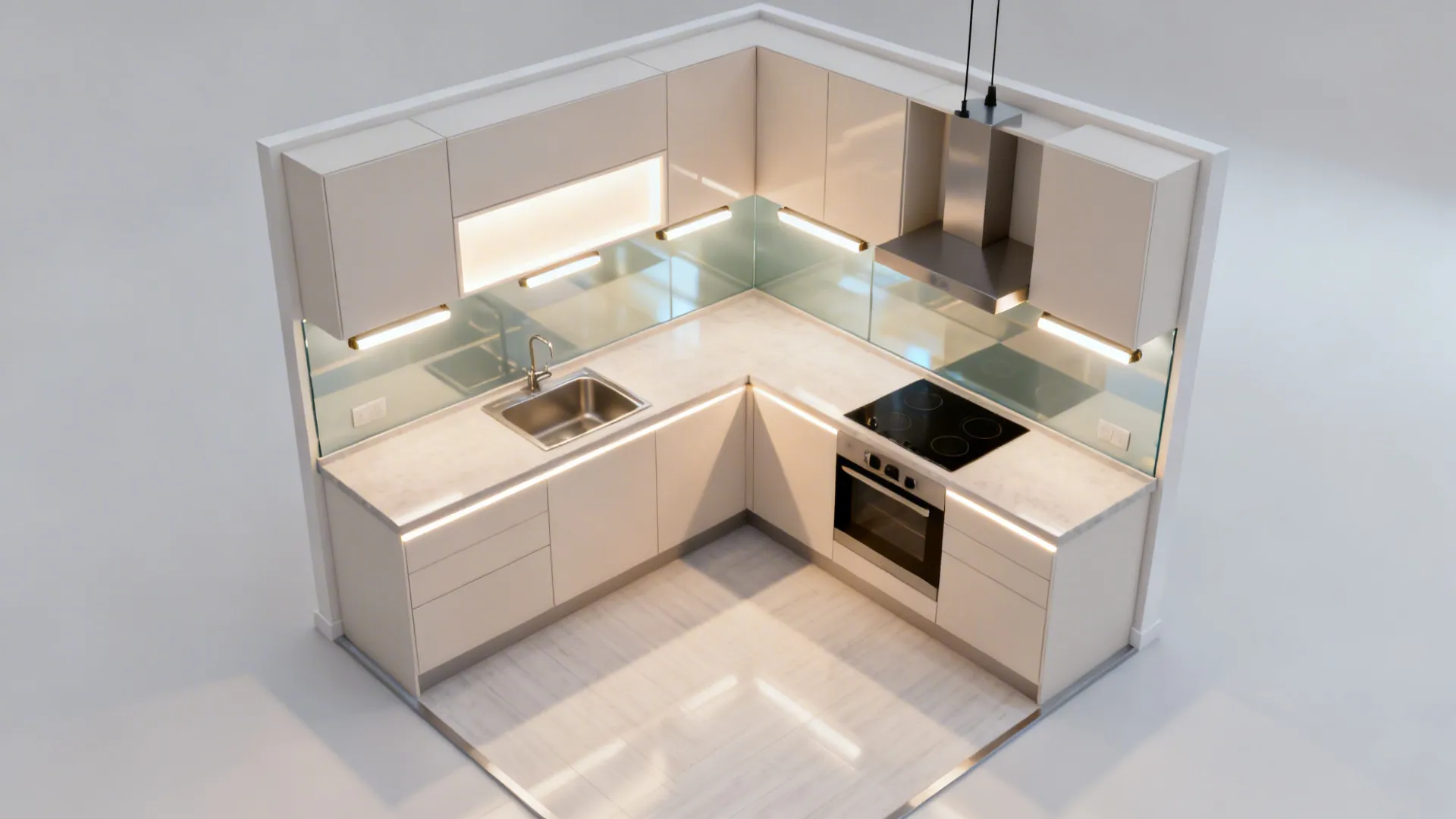 Interior design drawing showing L-shaped kitchen layout with white cabinets sink stove oven and lights