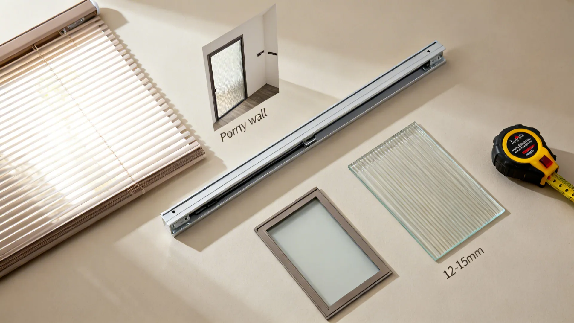 Top-down arrangement of slatted screen, pony wall, sliding track, reeded glass, and thickness reference.