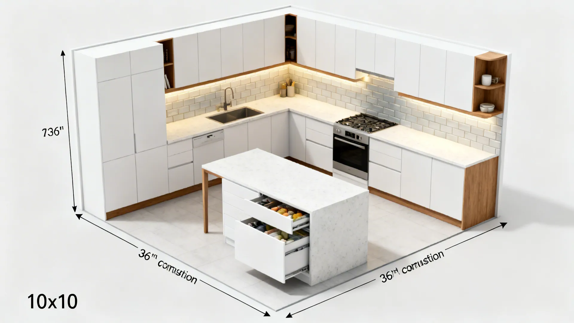 Top-down layout showing L-shape, island clearances, pantry pull-out, and lighting zones in a 10x10 kitchen.