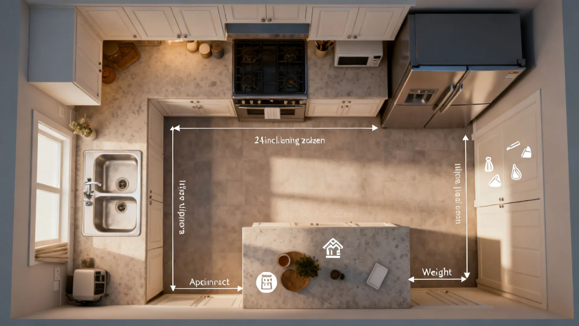 Top down kitchen interior design drawing showing room layout with island fridge sink and measurement lines