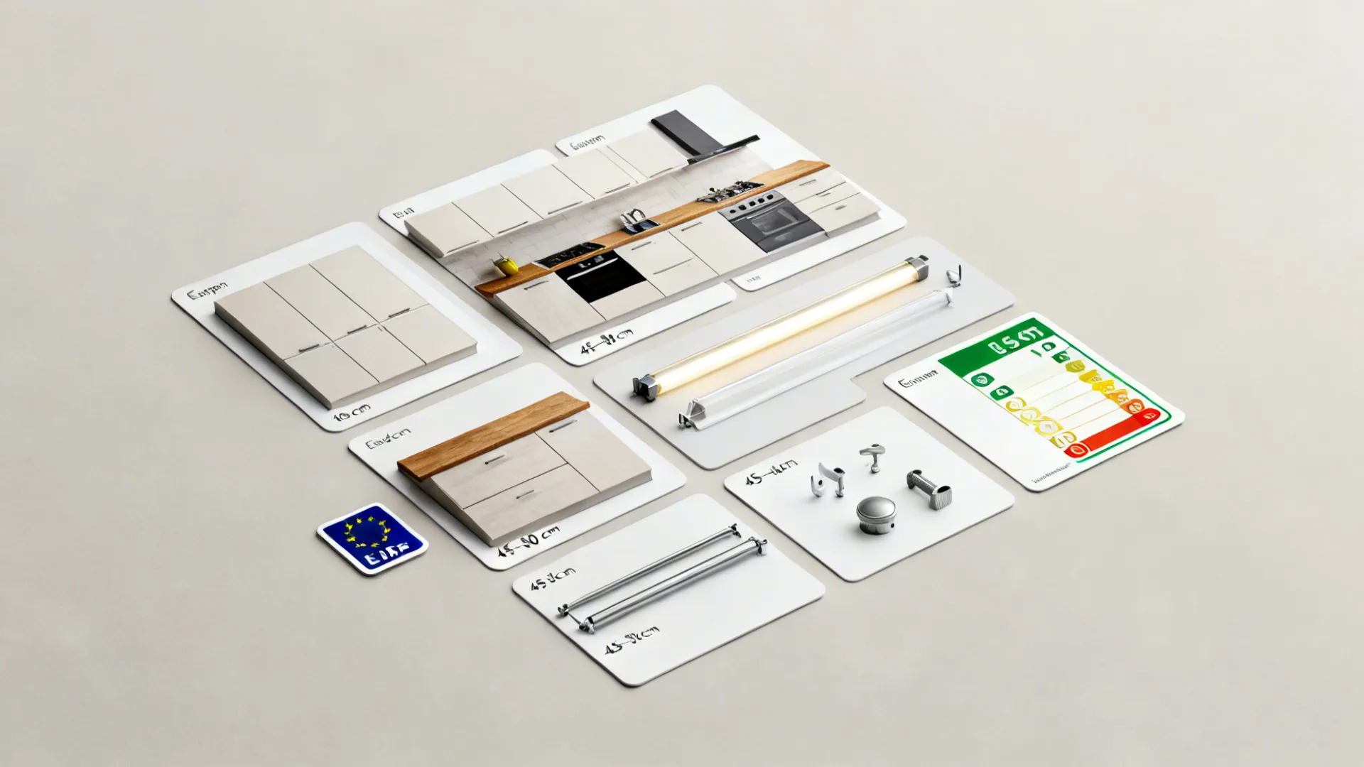 Top-down layout of cards symbolizing cabinetry, worktops, compact appliances, lighting, and hardware for FAQs.