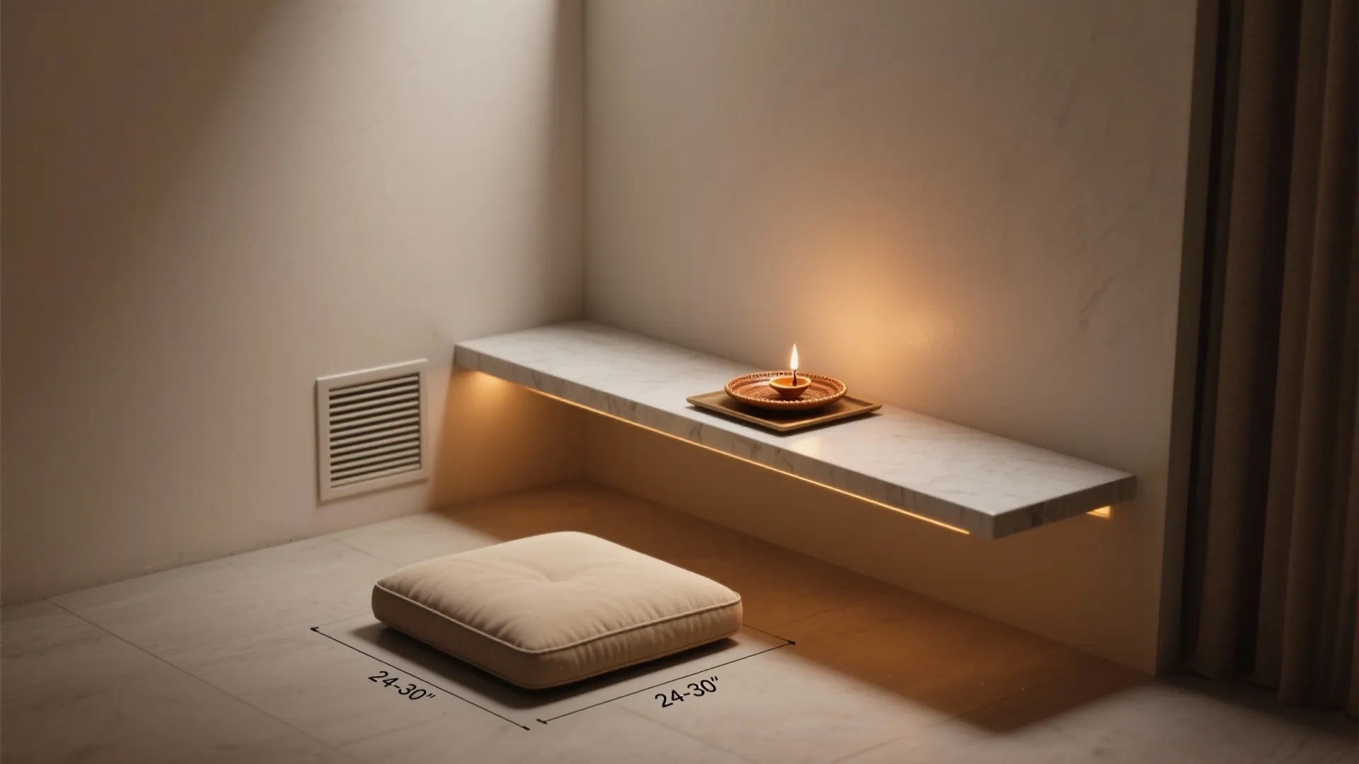 A small floor cushion sitting below a floating white shelf with a small candle light
