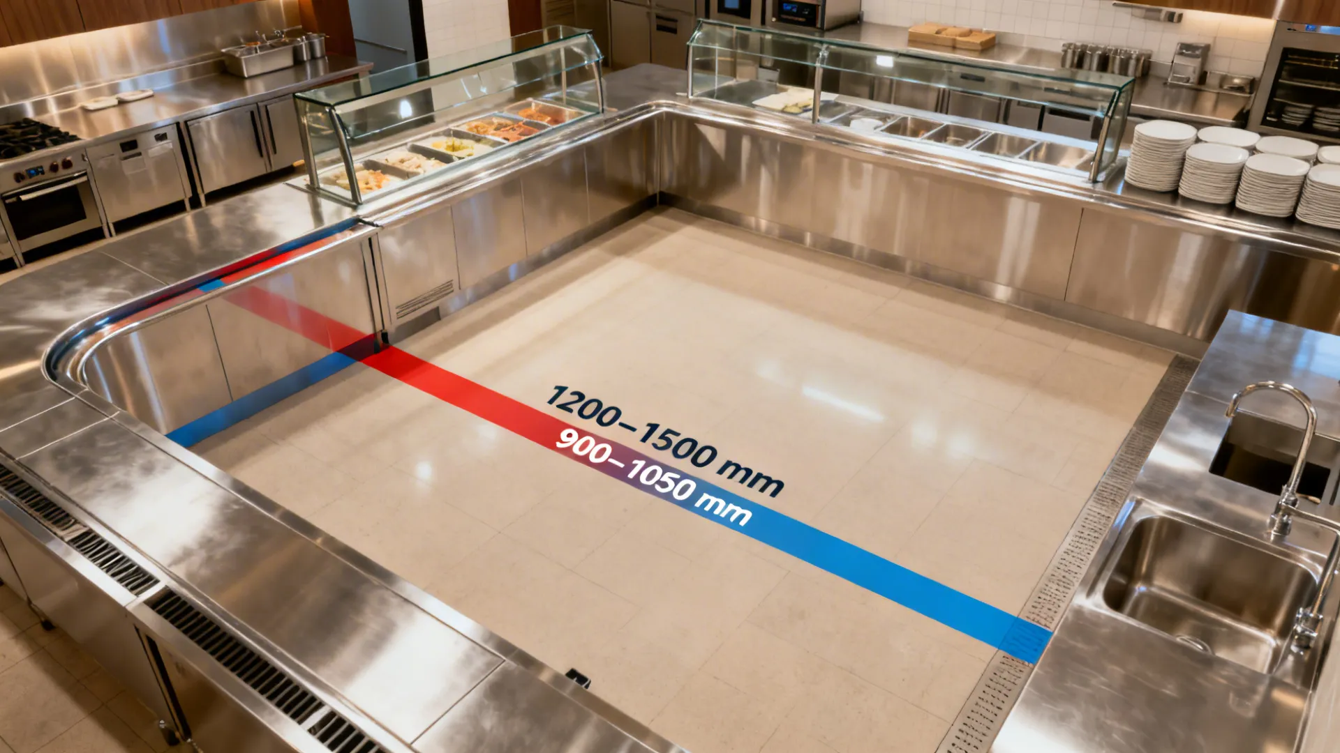 Stainless steel kitchen counters with glass display cases and floor markings showing a room layout