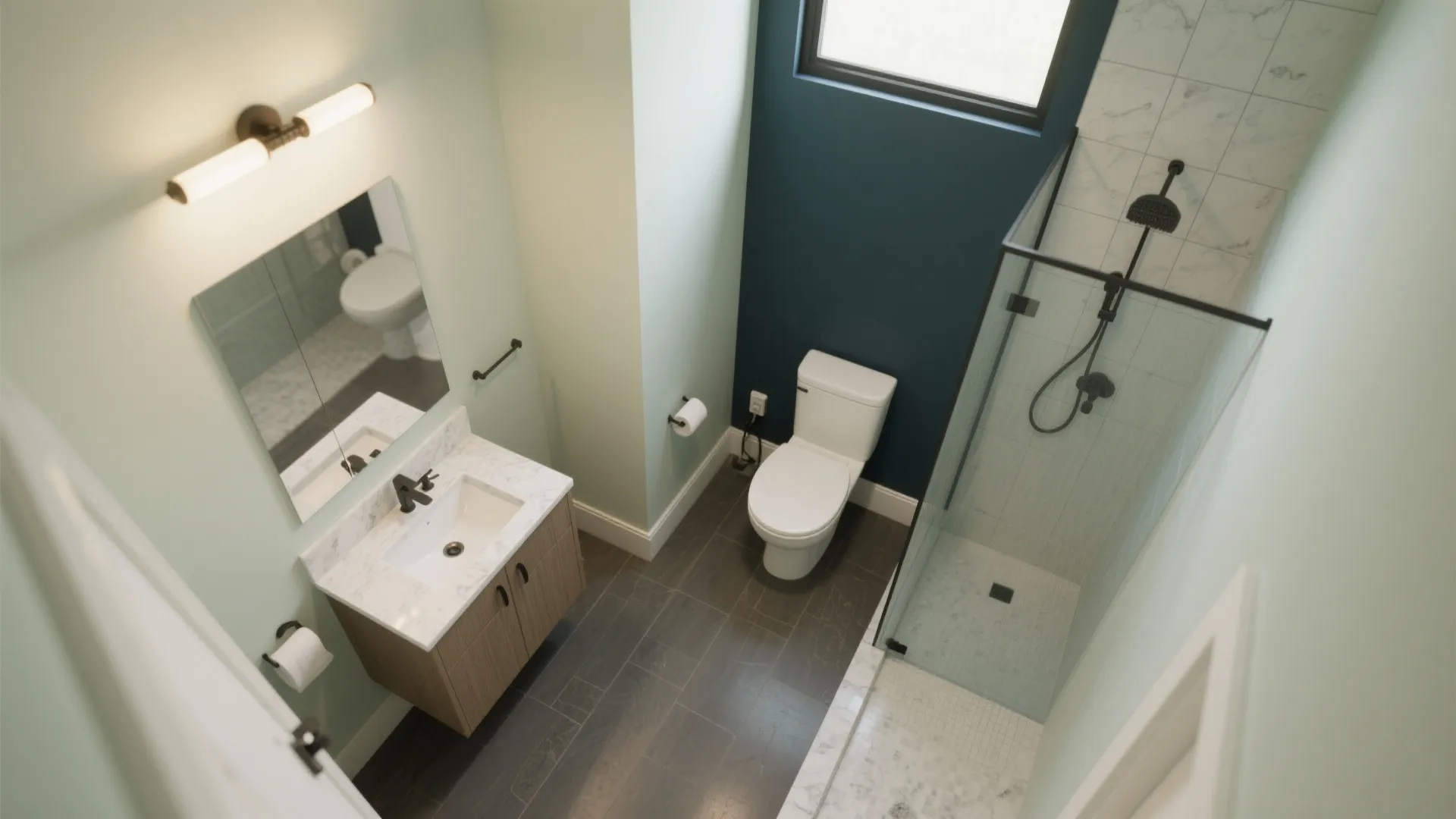 Small bathroom interior design drawing with green walls, wood sink cabinet, toilet, and glass shower