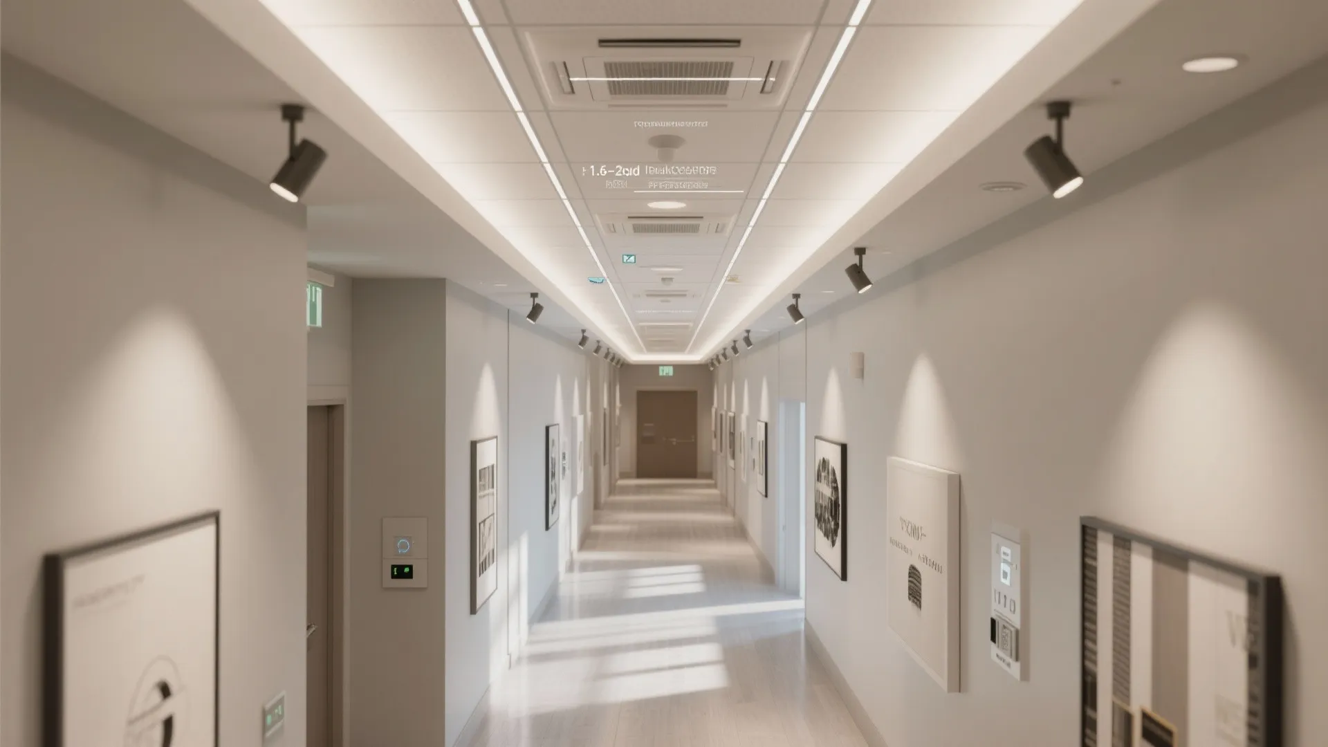 Long white hallway with modern track lights on ceiling framed wall art and warm light