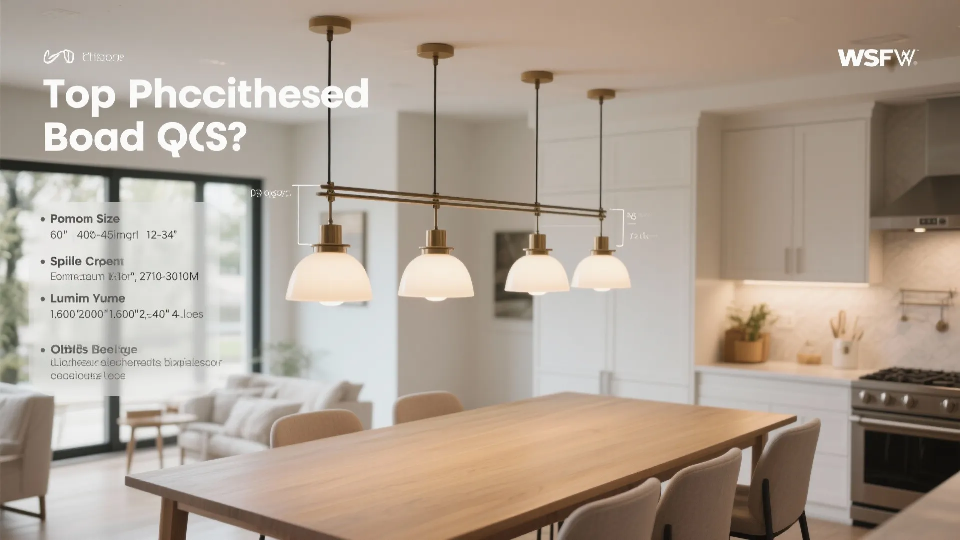 Interior design drawing showing kitchen ceiling light specifications with wooden table and white cabinets background