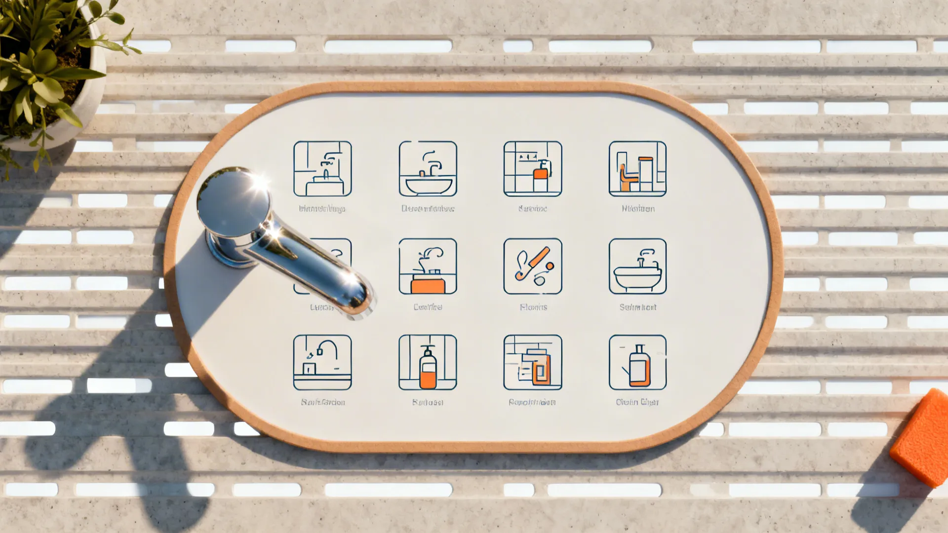 Top-down infographic board with cartoon sink vignettes showing rim, faucet shine, and simple perspective tips.