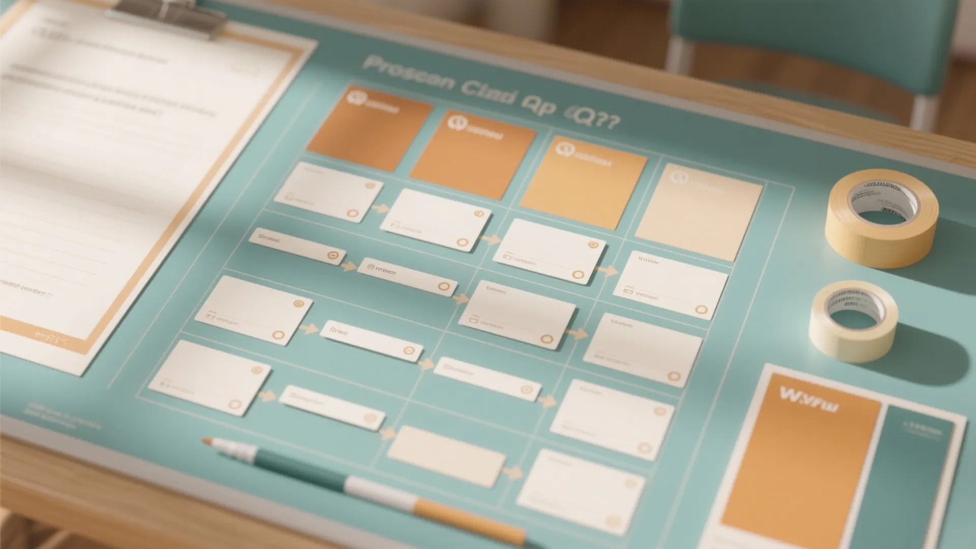 Project planning board with orange and white cards connected by arrows on a blue surface