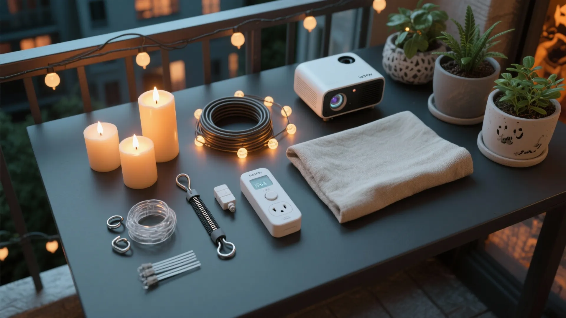 Outdoor movie setup tools including white projector candles string lights and cloth on a table