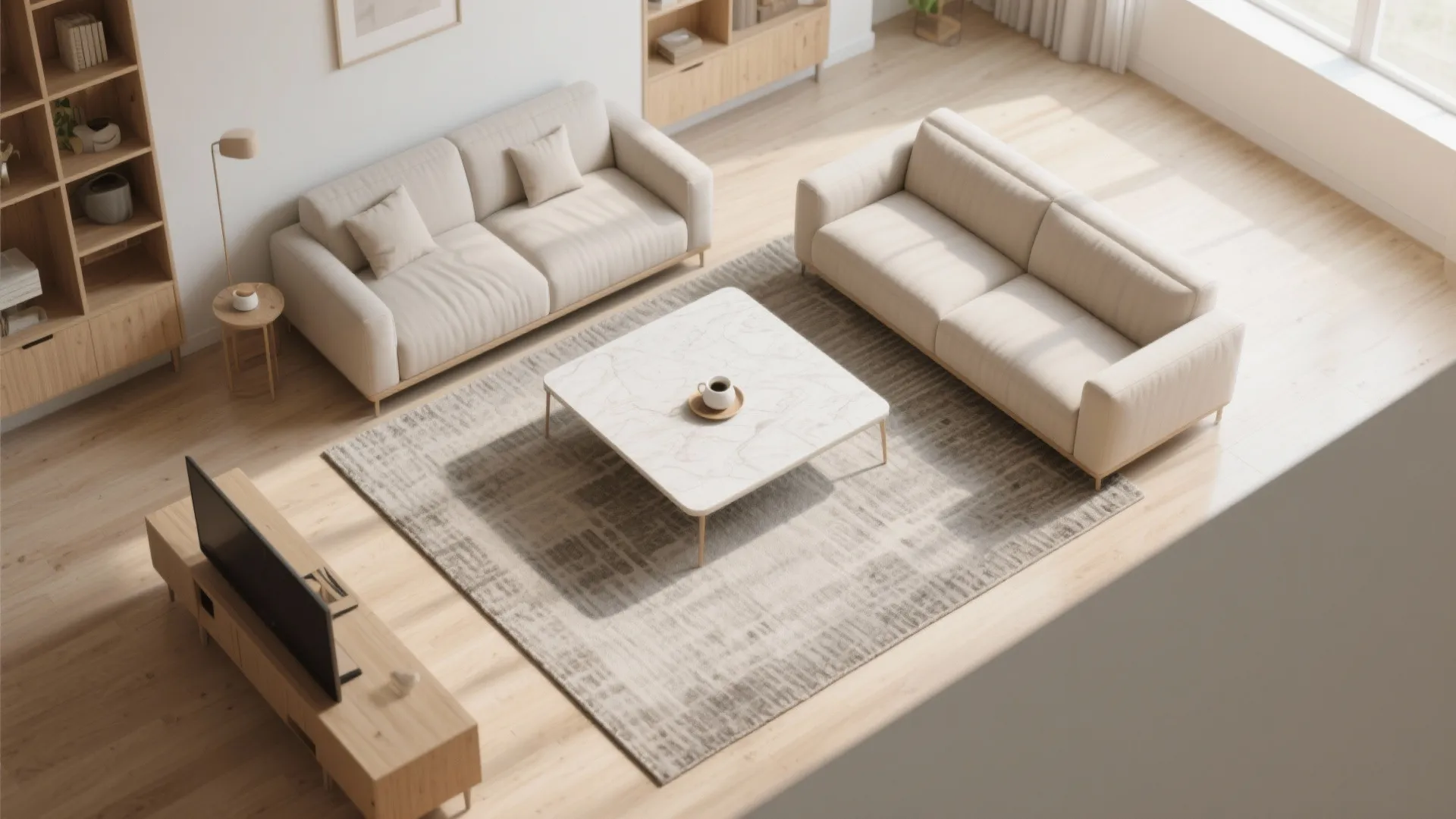 Top down view of minimalist living room with cream sofas marble table and wooden floor
