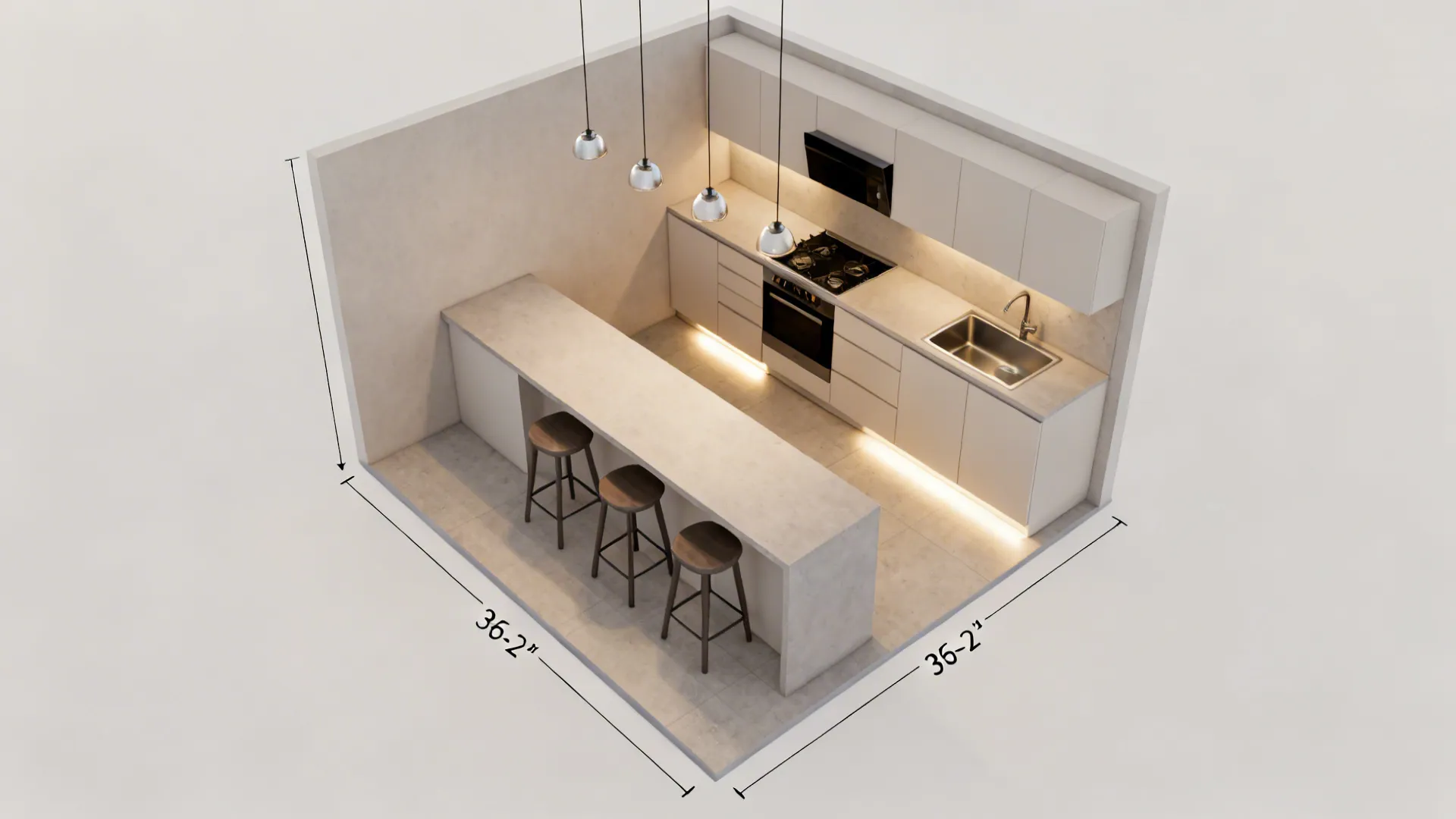 Top-down view of a small kitchen with a narrow island showing comfortable clearances and stool placement.