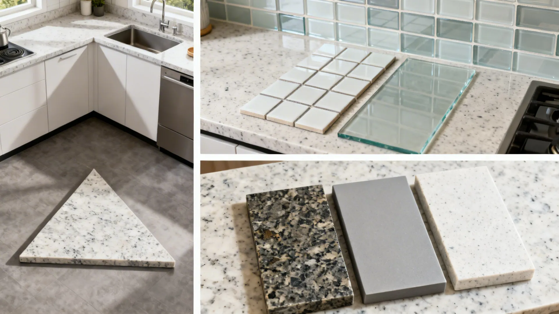 Top-down vignettes showing an L-shaped workflow, glass vs tile samples, and countertop options