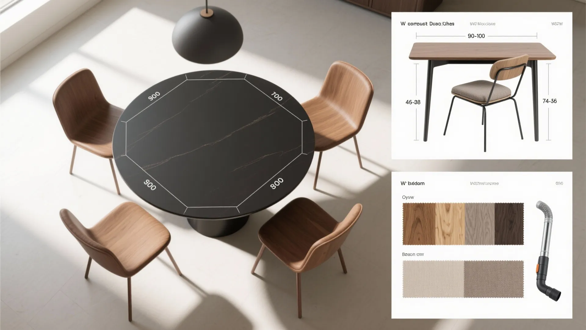 Interior design drawing showing dining table dimensions chair details and material color swatches for home decoration