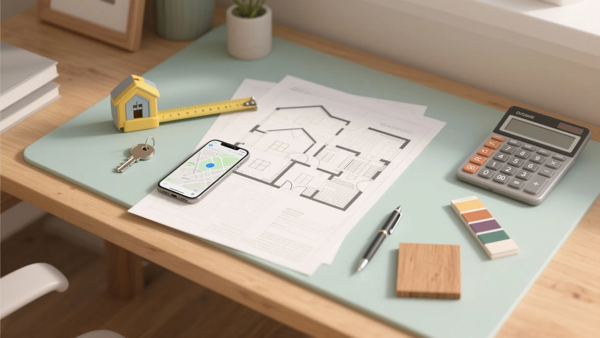 Desk with floor plan drawing mobile phone tape measure key calculator and wood material sample board