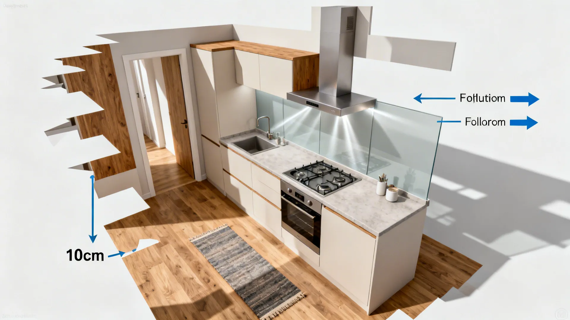 Top-down collage showing L-shaped clearance, airflow arrows, light bounce, and runner rug zoning.