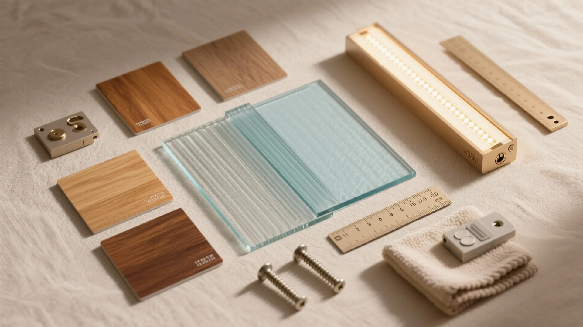 Flat lay arrangement of wood material samples glass panels ruler light fixture and small metal screws