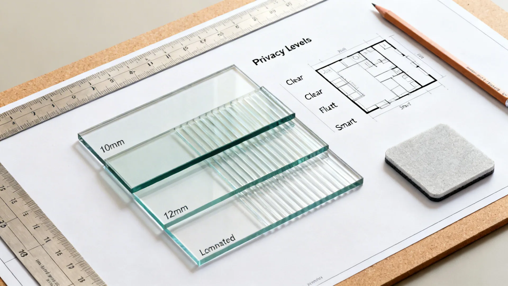 Top-down display of glass thickness and privacy samples for living room partitions.