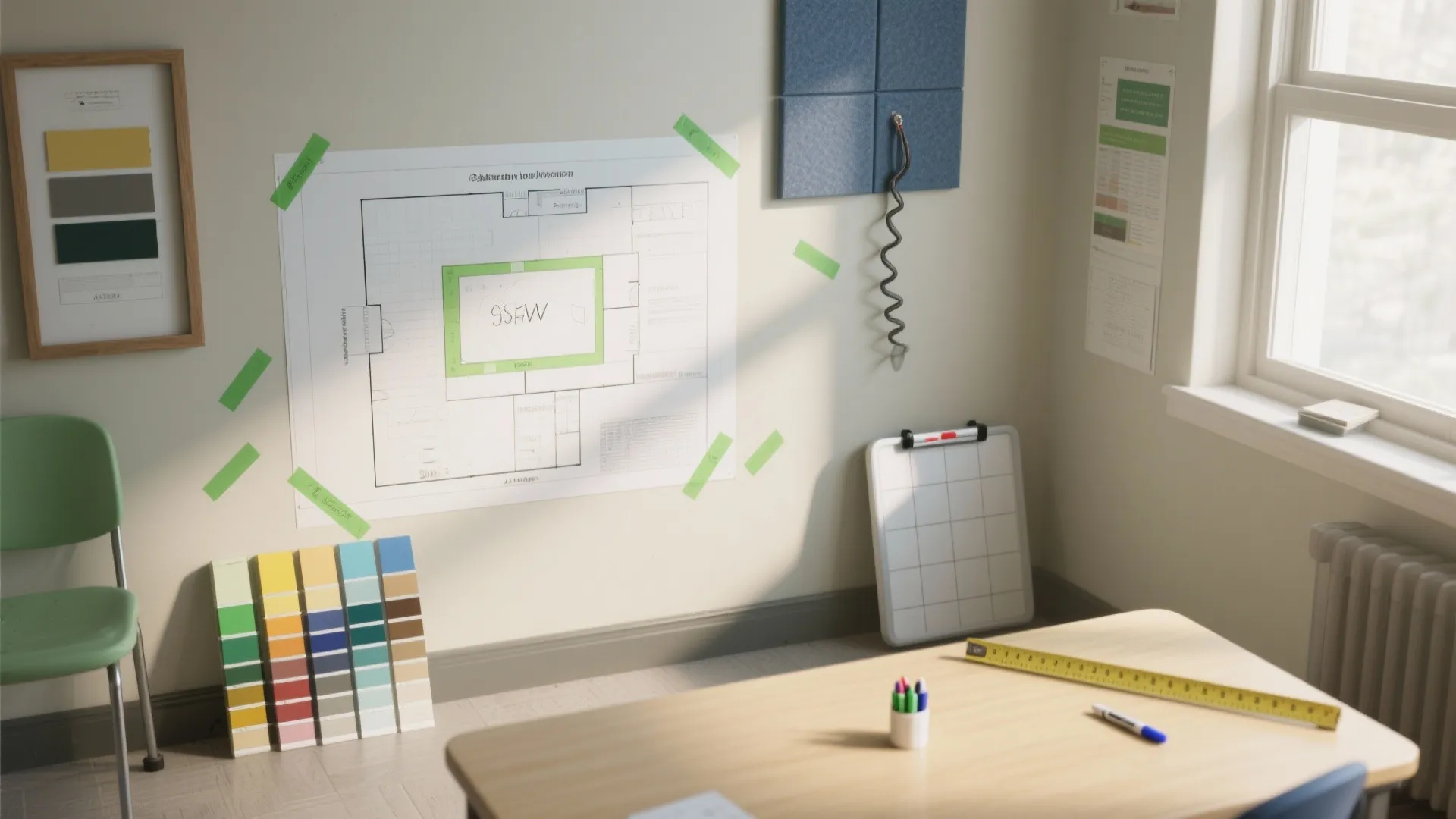 Floor plan drawing taped to wall in studio with color swatches and designer wooden desk
