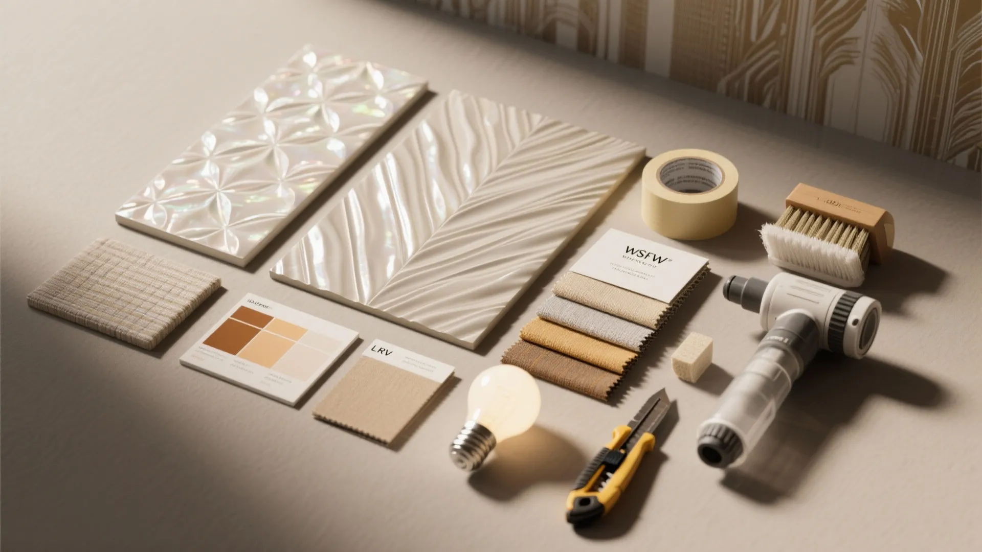 Textured wall tiles fabric swatches color samples light bulb and tools for home interior design