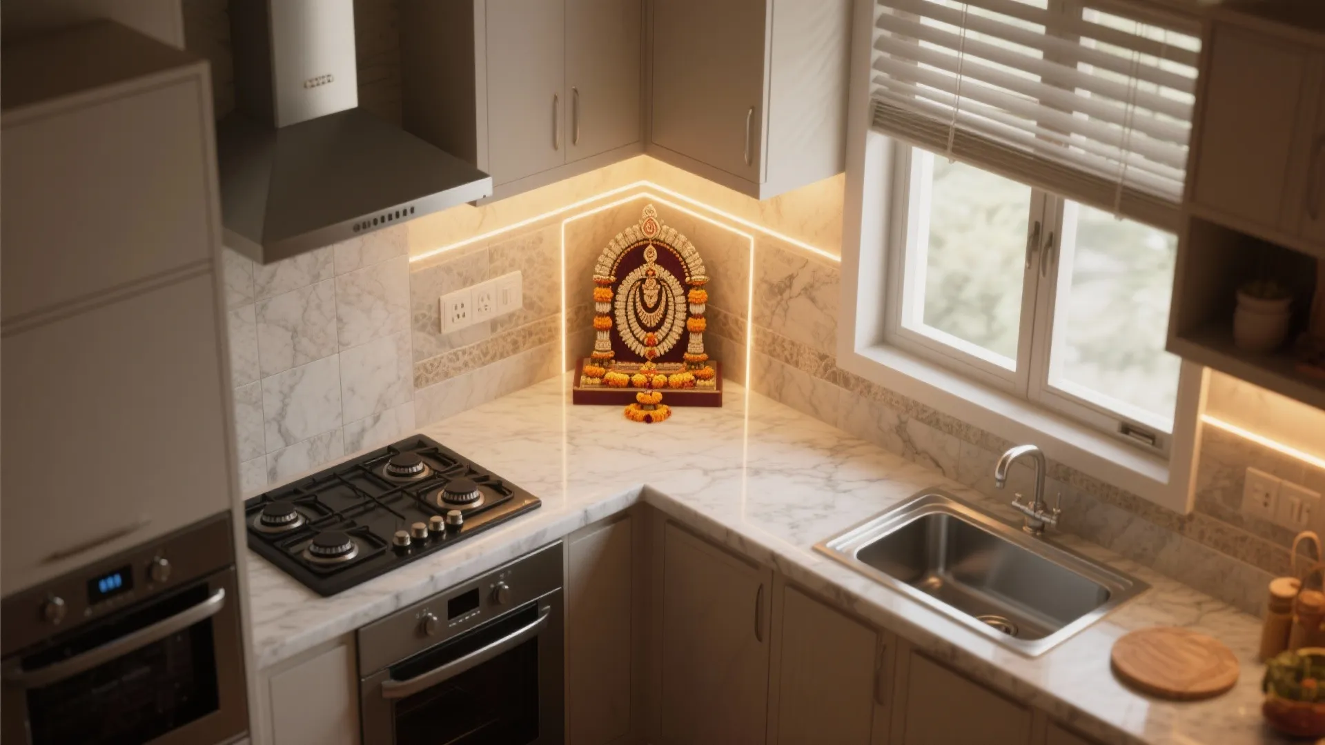 Small prayer altar placed in a corner of a grey kitchen with marble countertop and