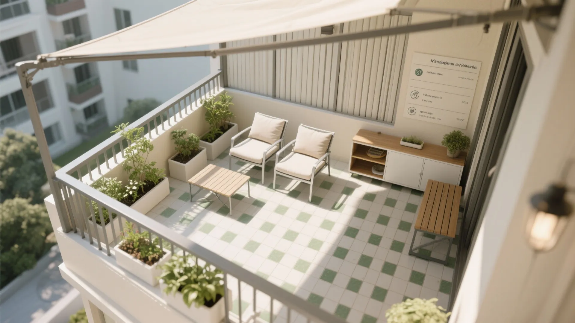 Top down view of an apartment balcony featuring outdoor chairs, small table, and potted plants