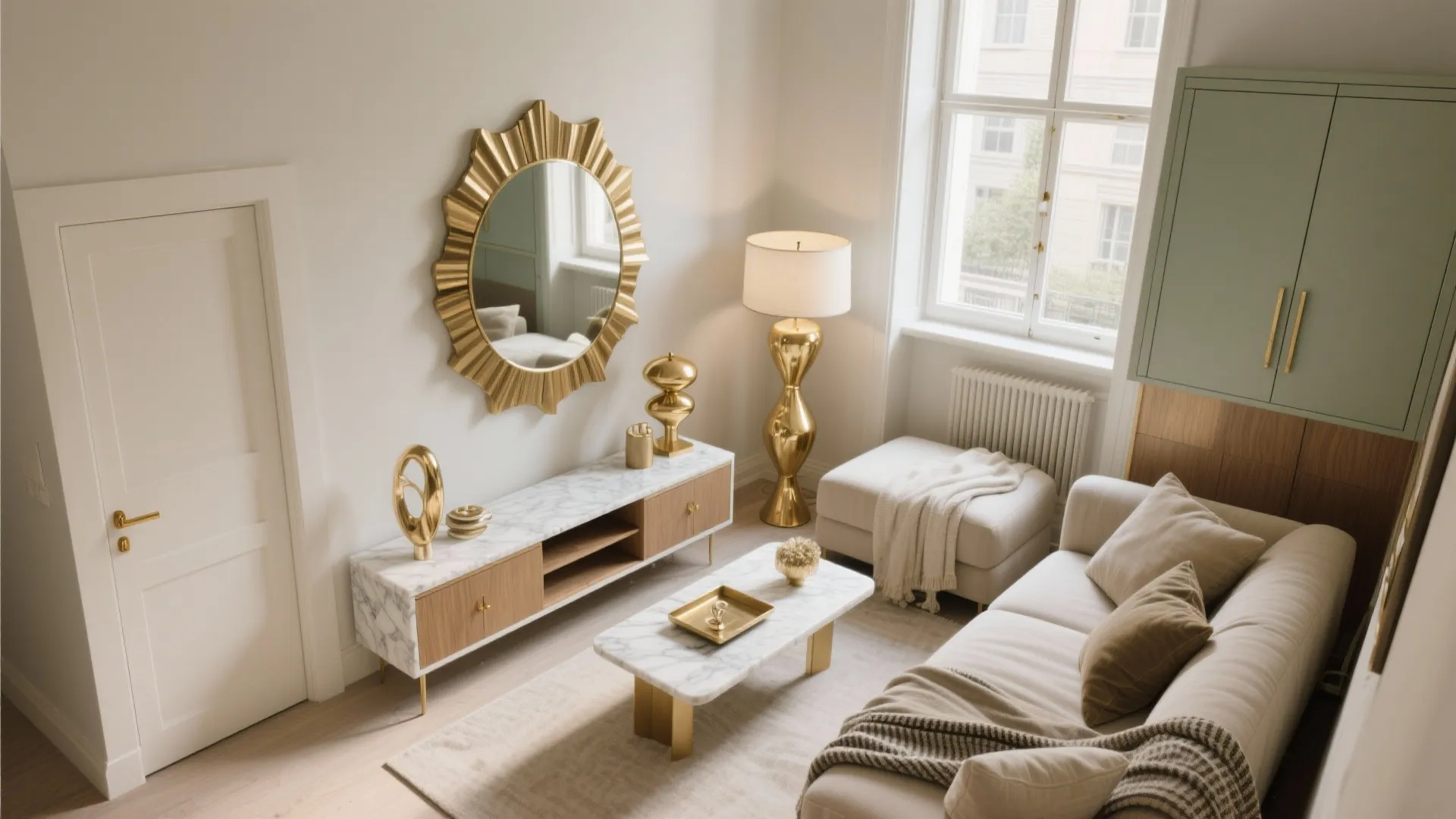Top-down visual guide showing optimal placement of lighting, mirror, brass hardware, marble tray, and textiles in a small apartment.