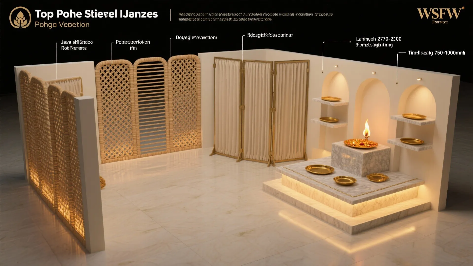 Top-down visual guide showing ventilation screens, safe ledges, rental-friendly bi-folds, warm lighting, and altar height zones.