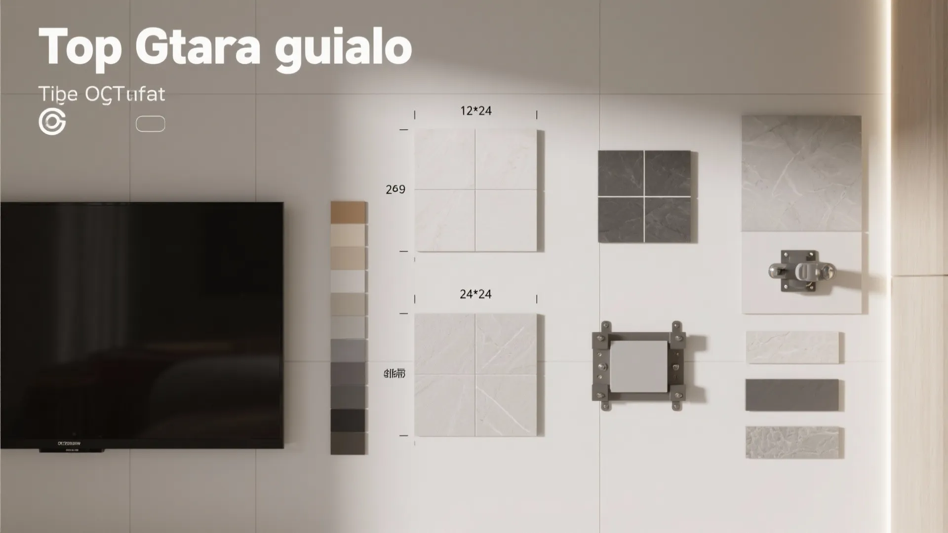 Interior design guide showing different tile sizes and color samples for a living room wall project