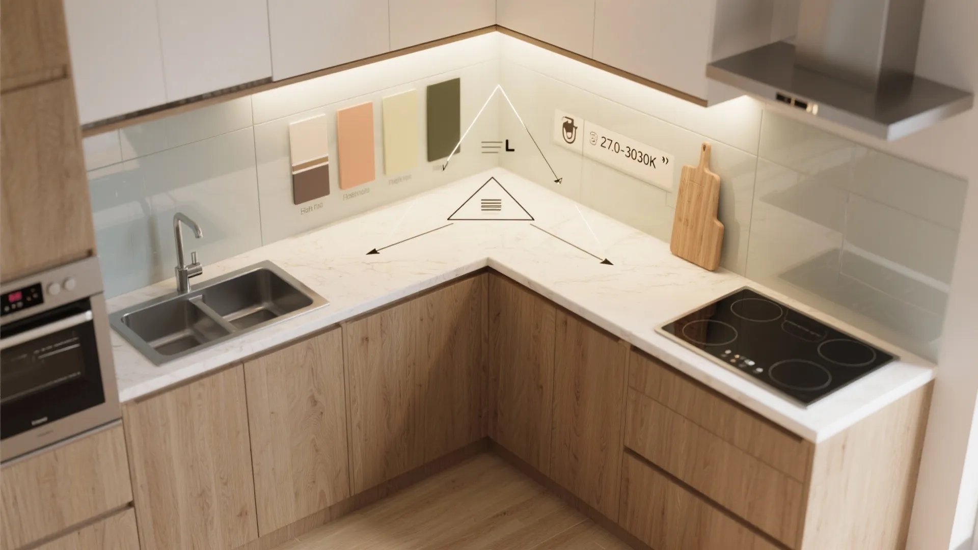 Kitchen corner showing wood cabinets white countertop sink stove and colored tiles with layout guides