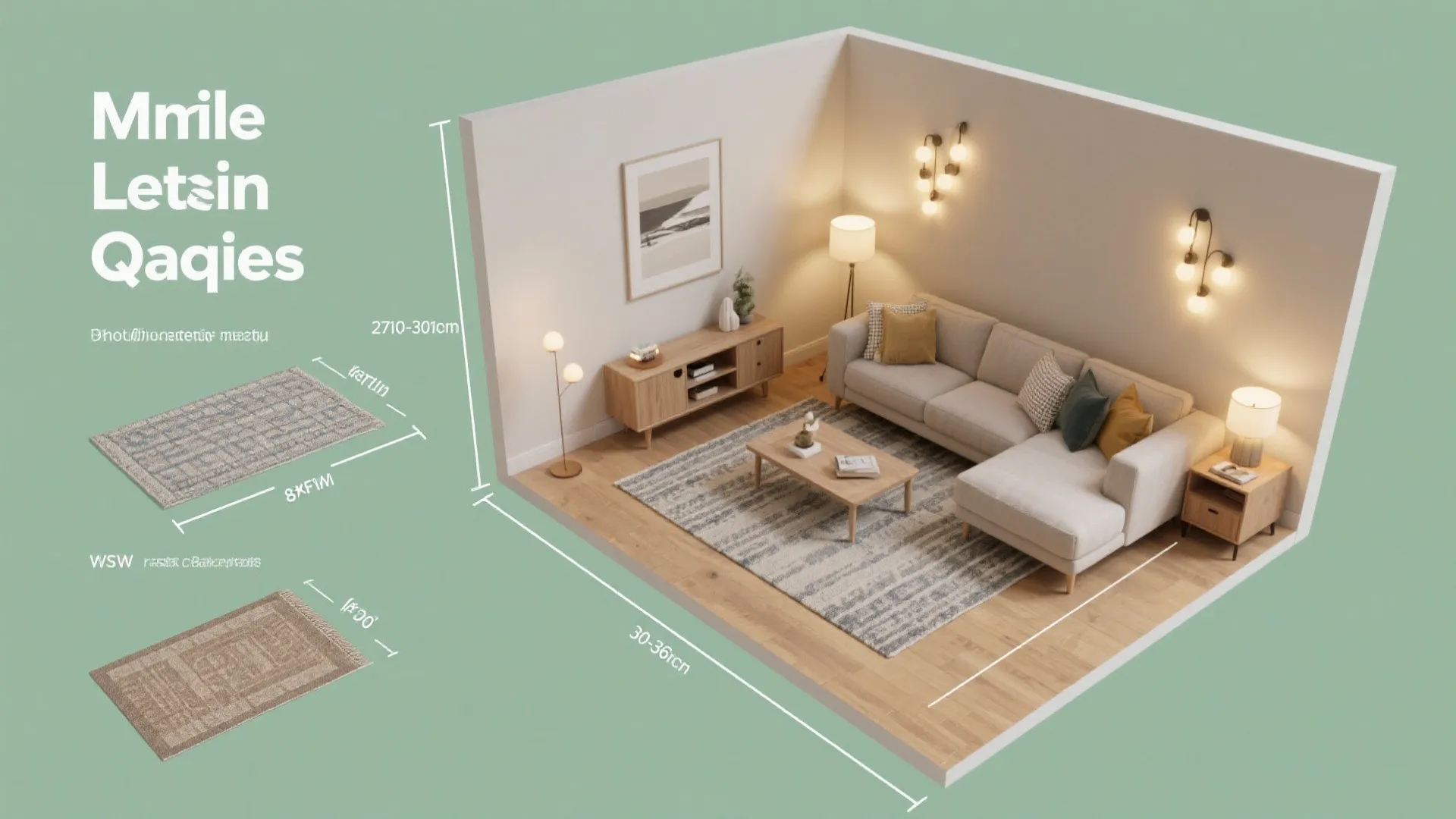 Top down interior design drawing of living room with sofa rug cabinet and wall light fixture