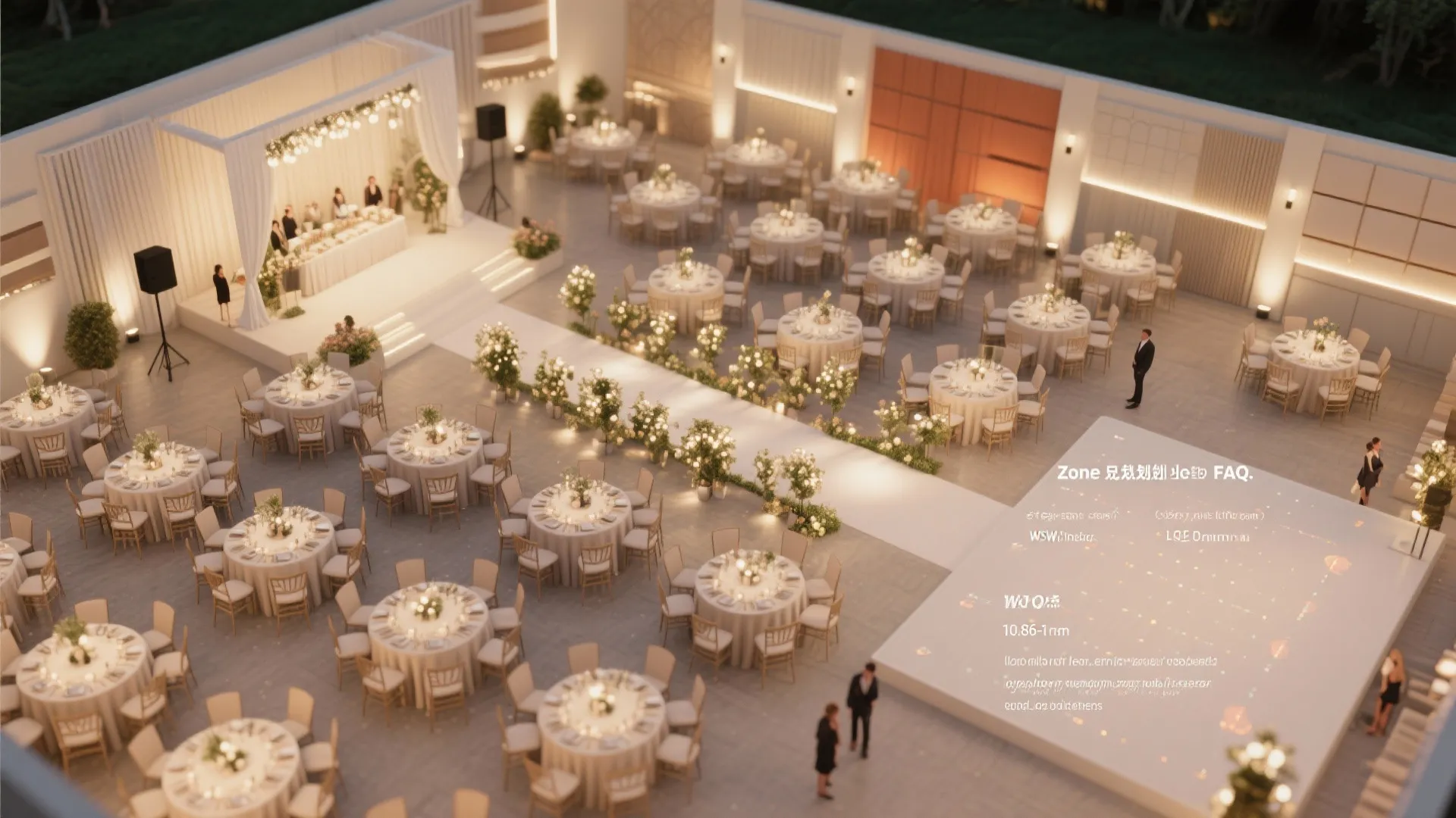Large wedding hall with round tables floral white walkway stage and warm ambient ceiling light