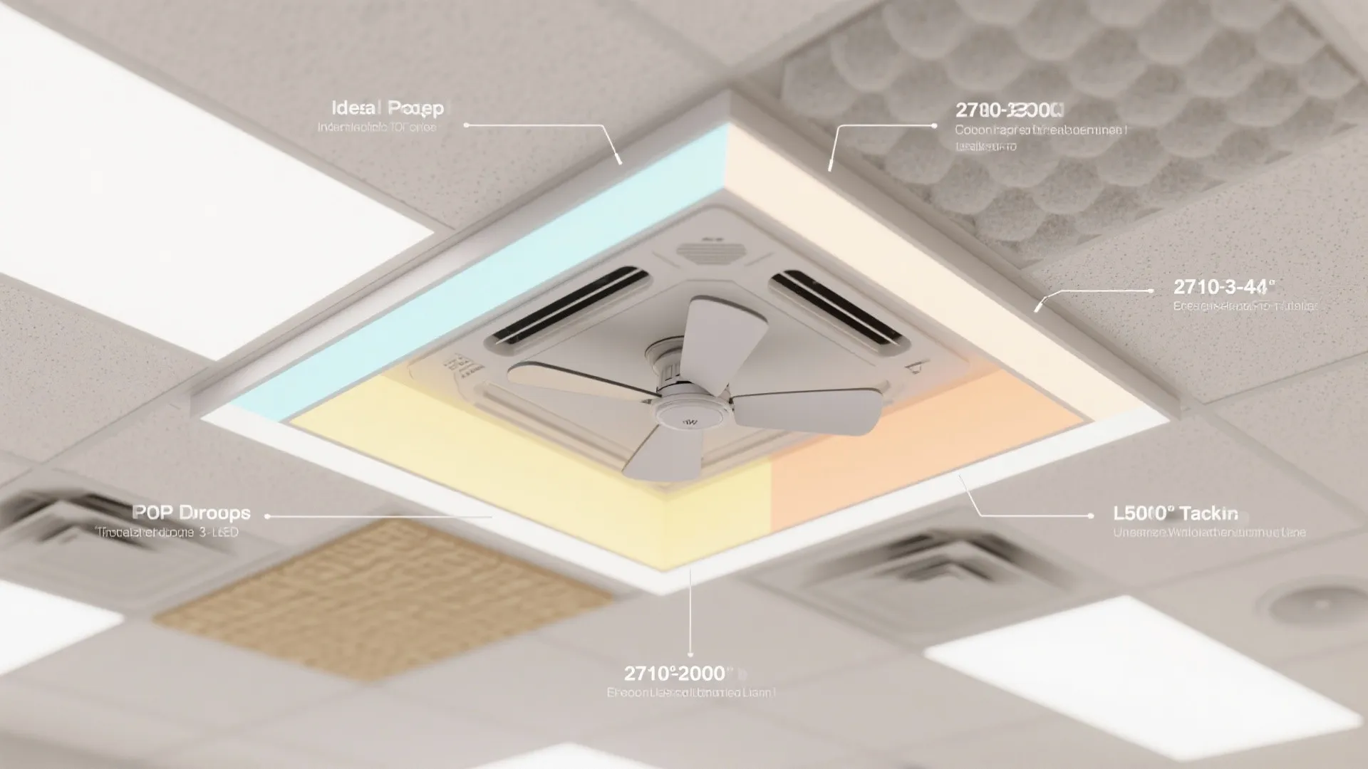 Top-down guide showing POP ceiling drop, LED color temperatures, fan mounting, and acoustic raft layout.