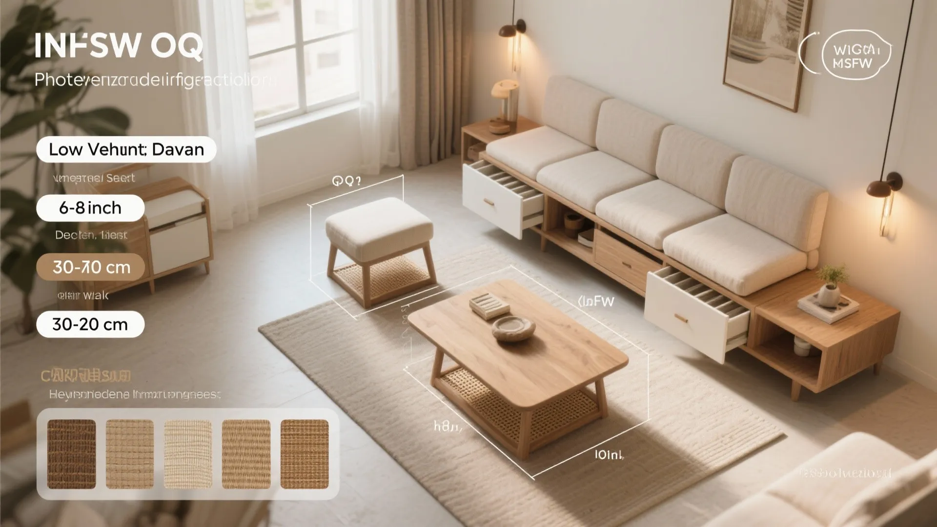 Top-down visual guide of diwan height, storage, lighting layers, and walkway clearance.