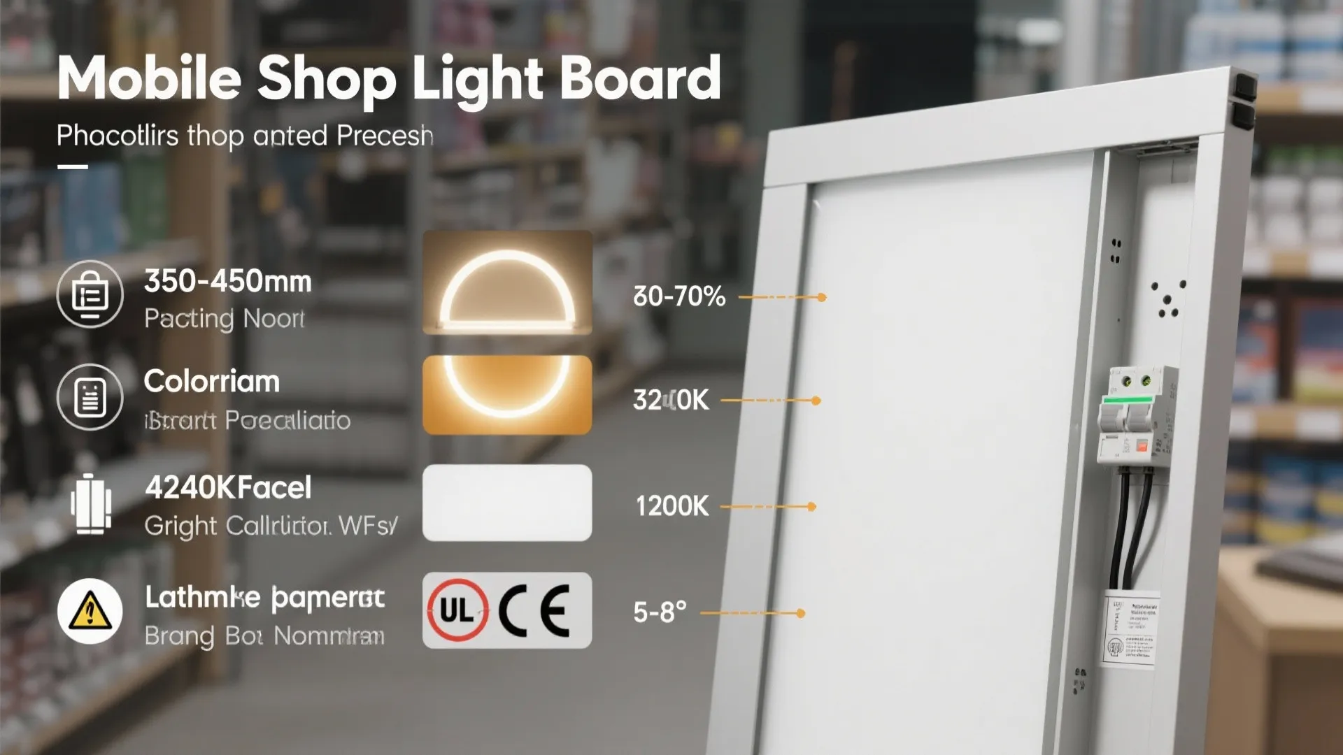Infographic for mobile shop light board showing different lighting colors and technical control switch parts
