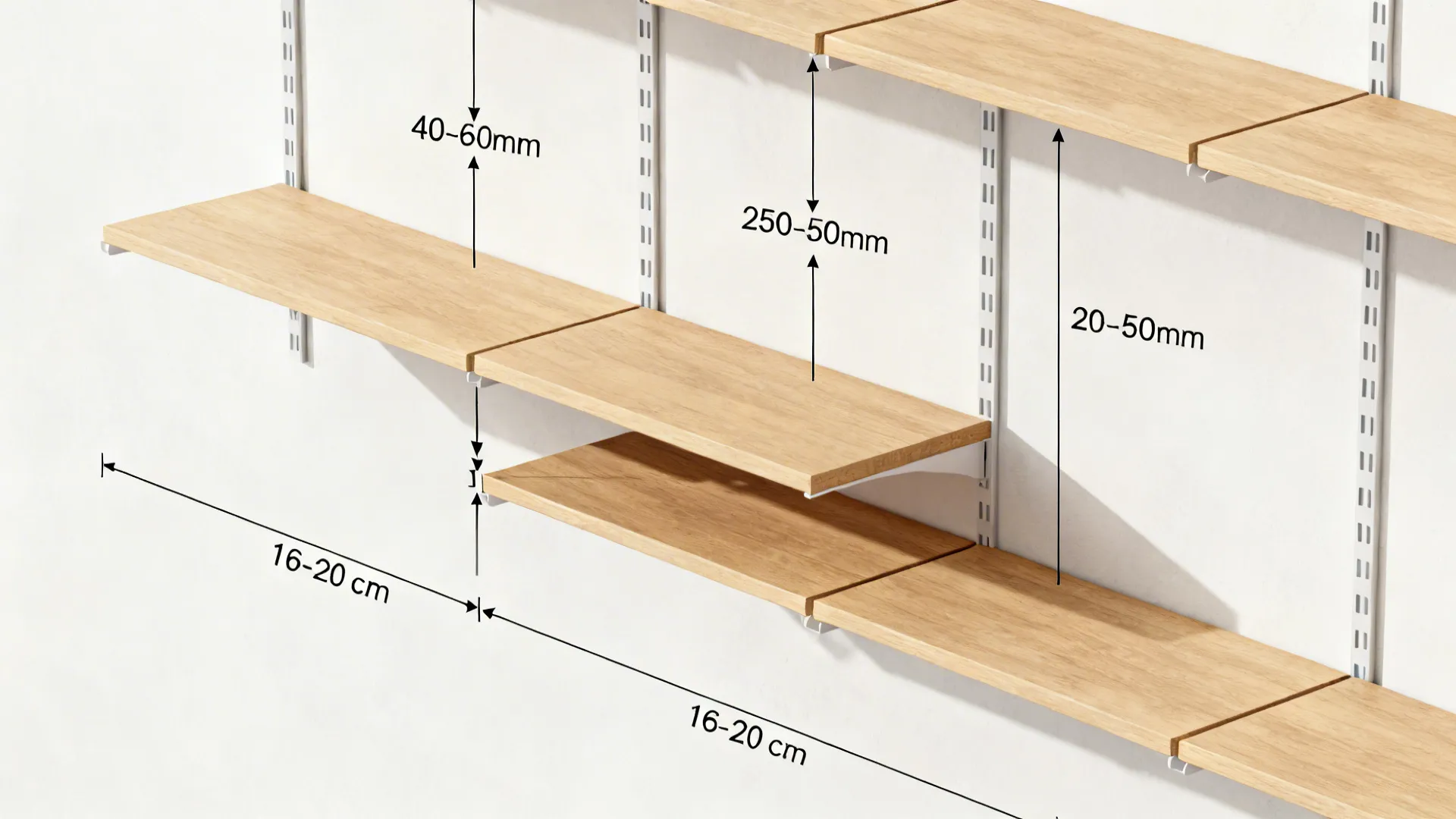 Top-down visual guide showing shelf thickness, stud alignment, and spacing for small kitchen cement shelves.