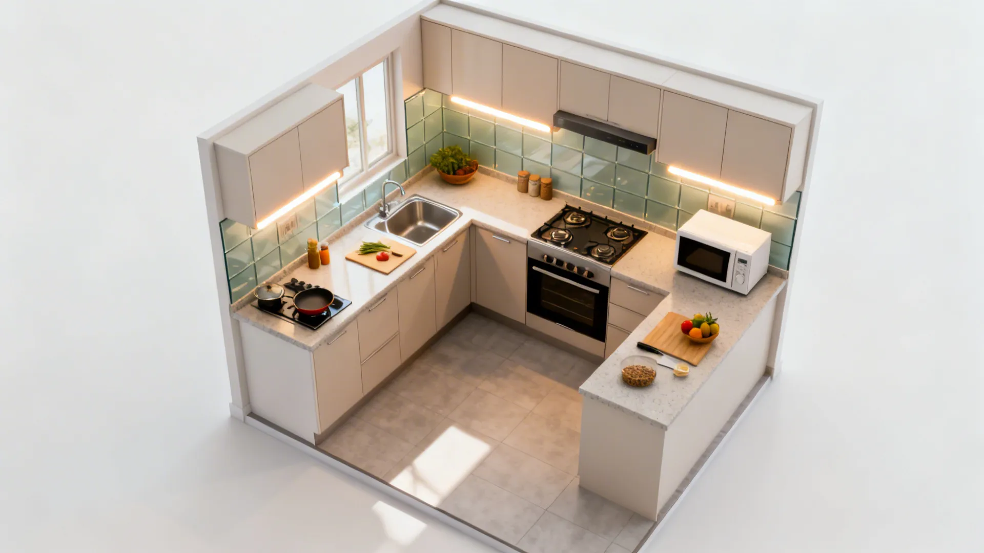 Top-down planning guide showing L-shaped and single-wall kitchen zones with lighting cues.