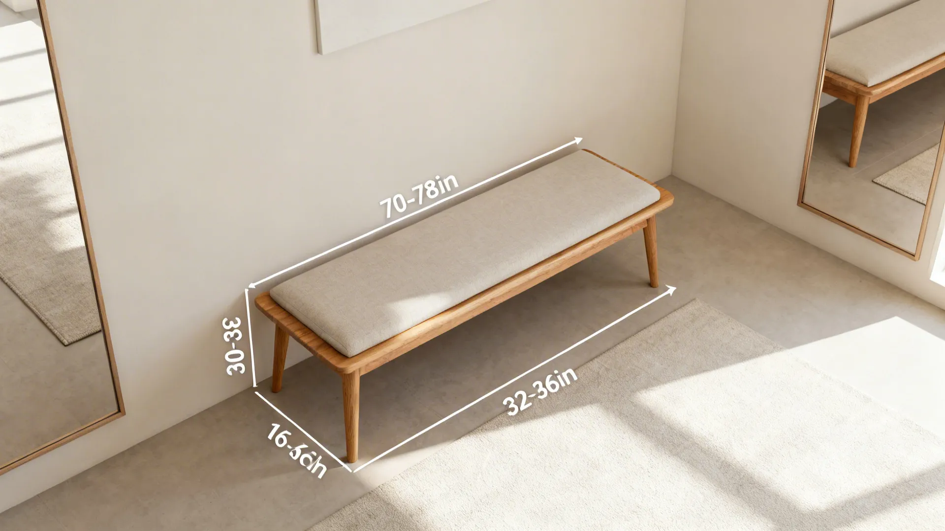 Top-down scene showing ideal sofa size, clearances, and light rug to expand a small room.
