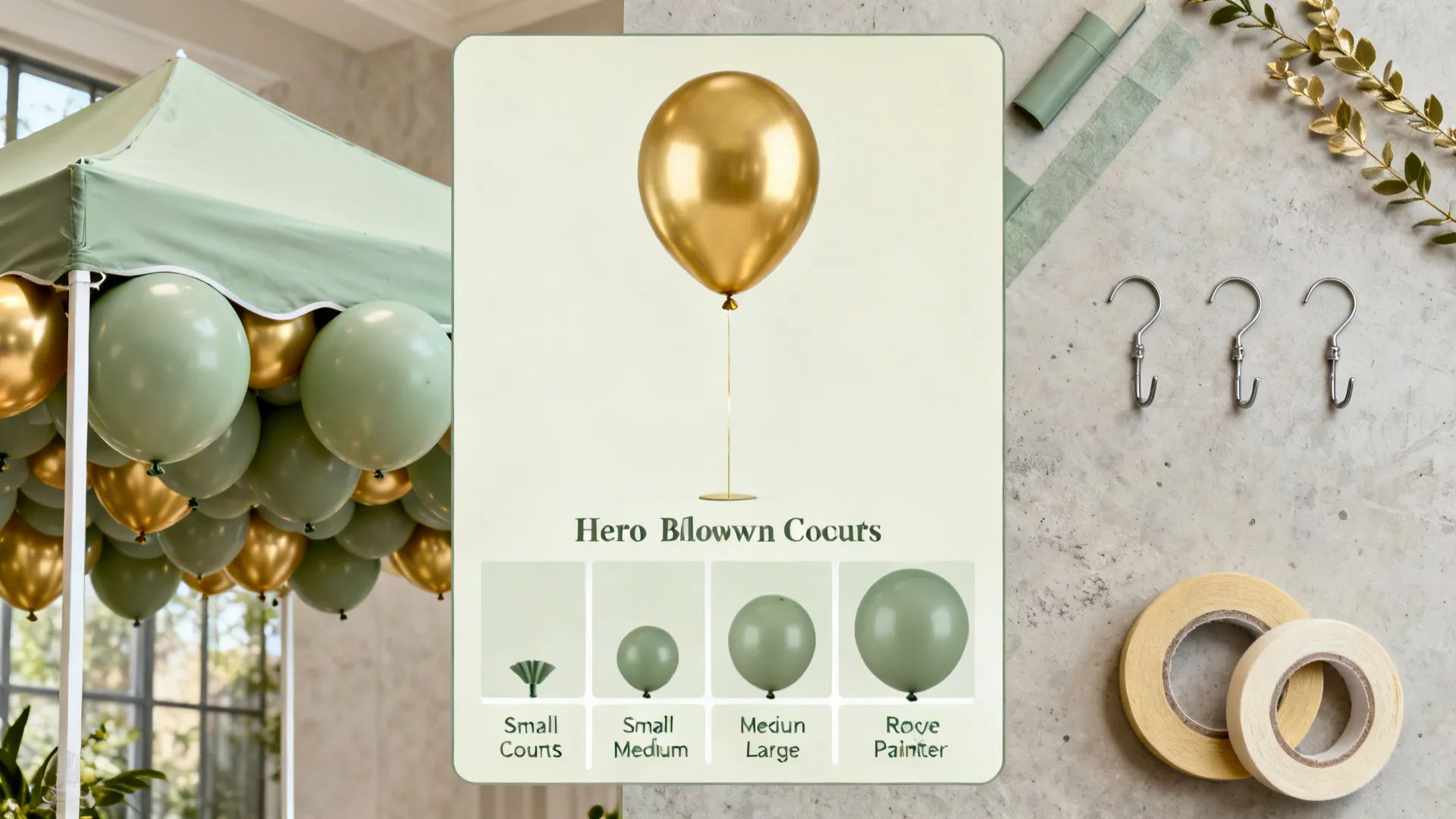 Top-down guide with balloon counts, hero-piece focus, canopy options, and hanging tools for small-room birthday decor.