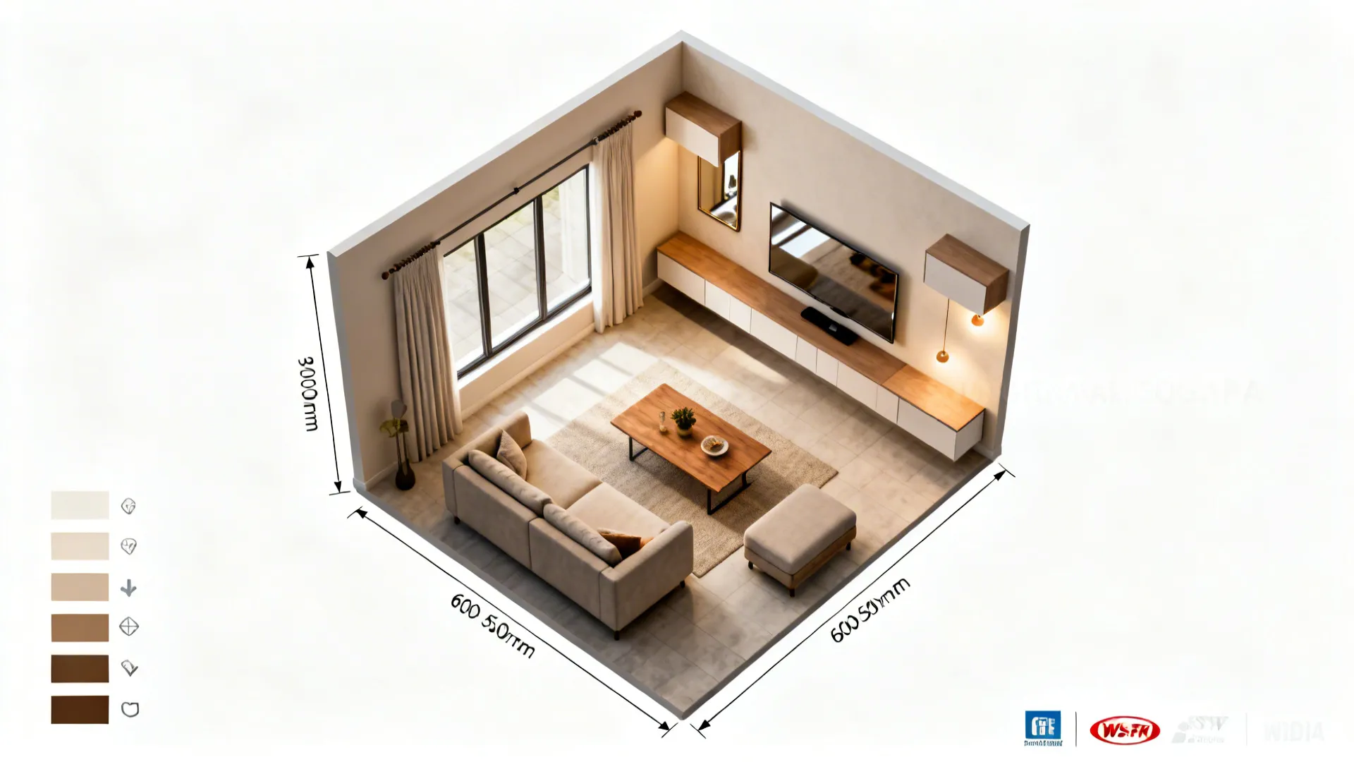 Top-down guide showing clearances, mirror placement, wall-hung units, and warm lighting for a small living room.