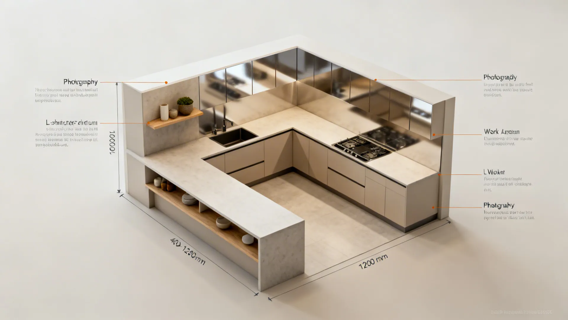 Top-down guide showing compact galley and L-shape, aisle widths, reflective backsplash, and curated shelf.