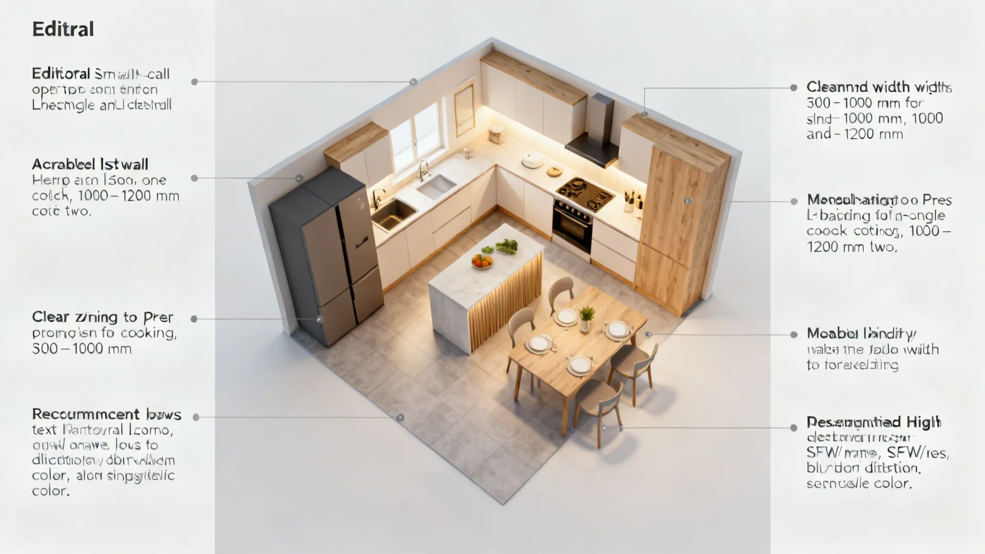 Top-down guide showing small open kitchen aisle widths and layout options.