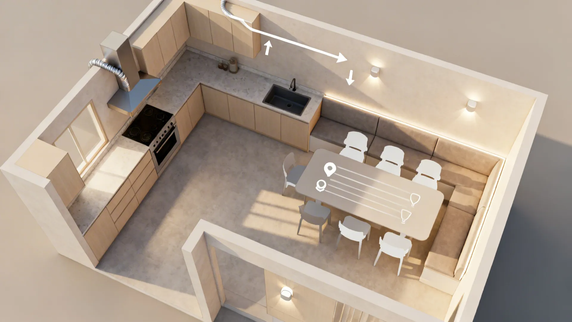 Top-down guide illustrating layout choices, venting, seating, lighting, and finish strategies.