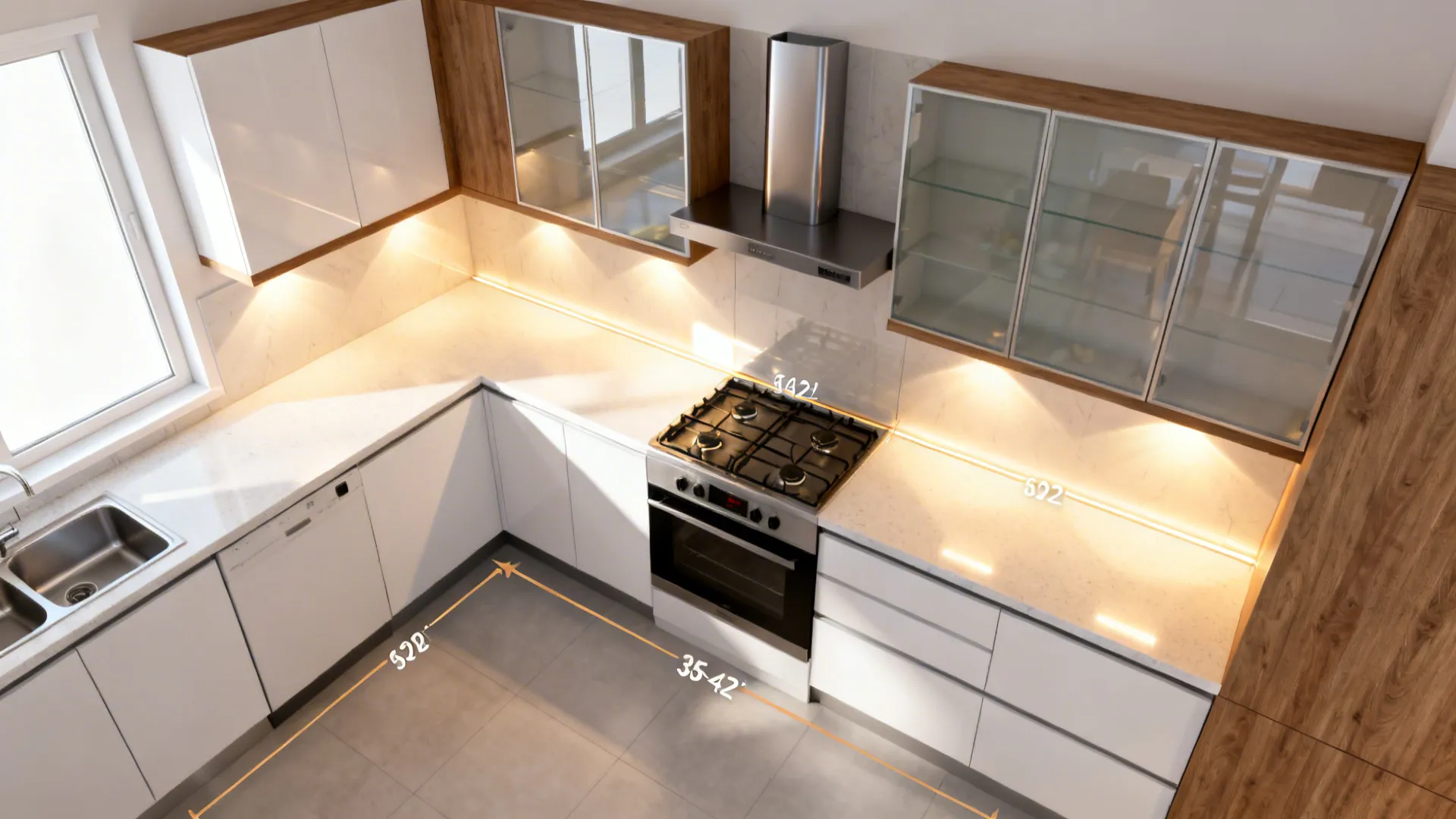 Top-down scene showing an L-shaped small kitchen with layered lighting, glass backsplash, and a compact ducted hood.