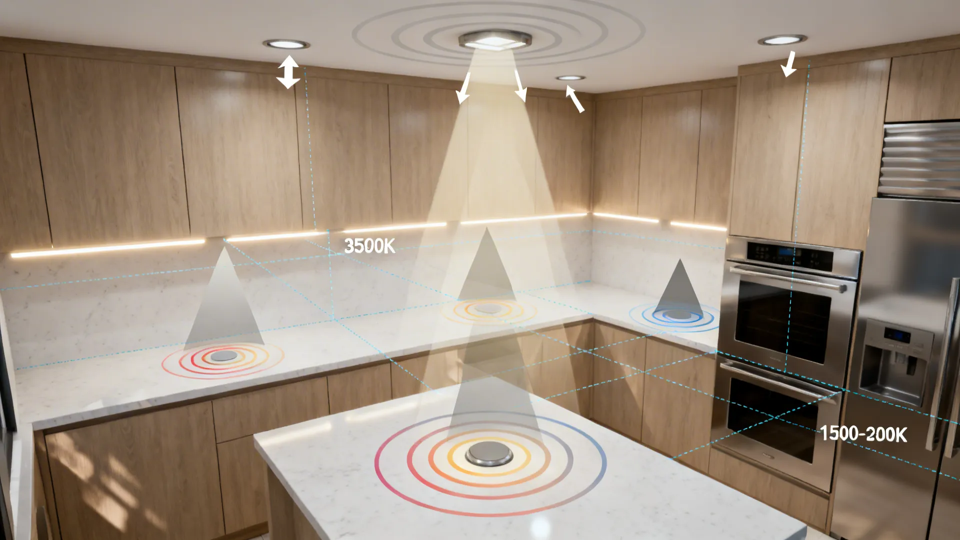 Top-down visualization of flush mount placement and layered lighting in a small kitchen.