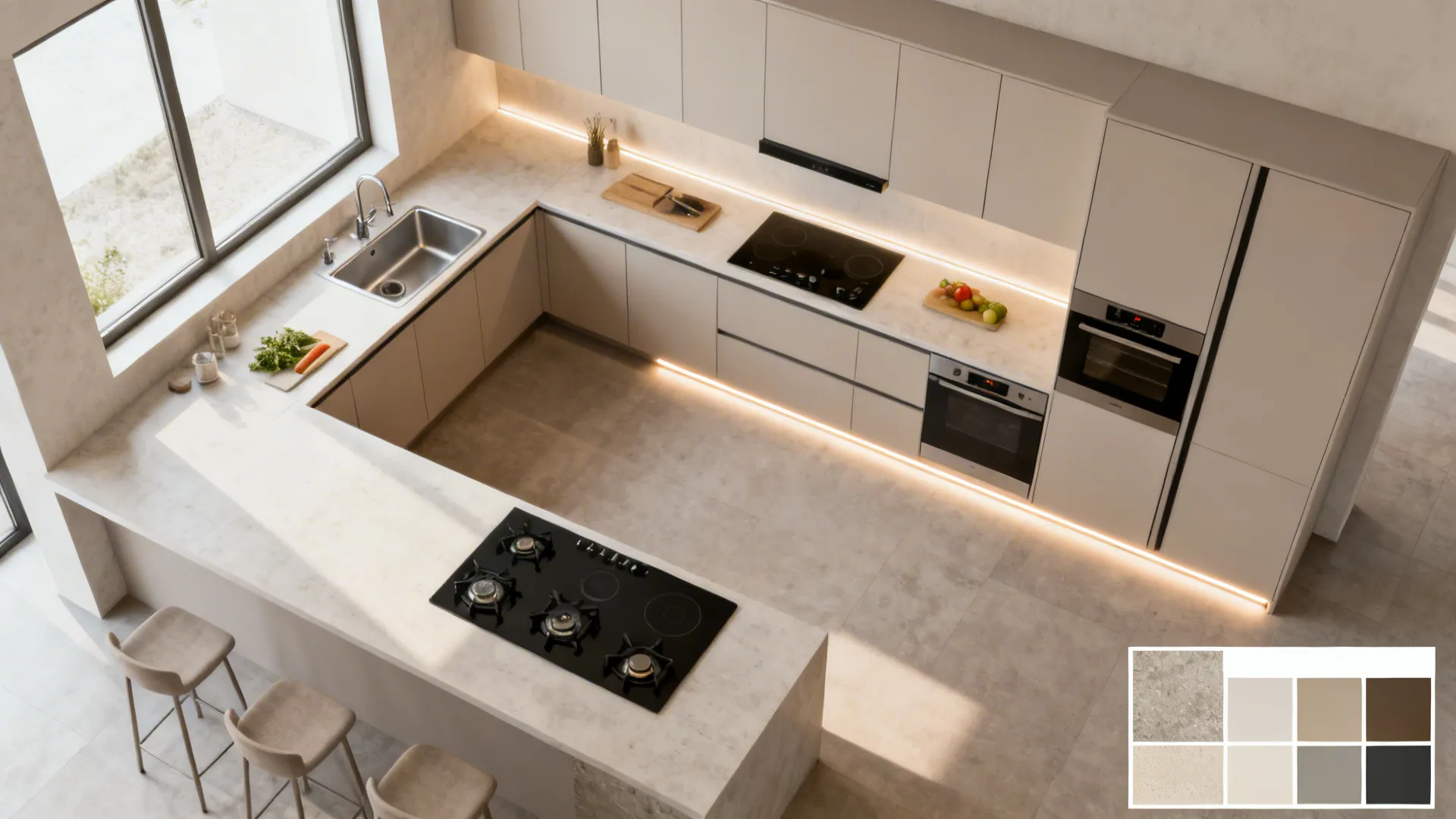 Top-down visual of compact kitchen zones, lighting, and appliance footprints without labels.