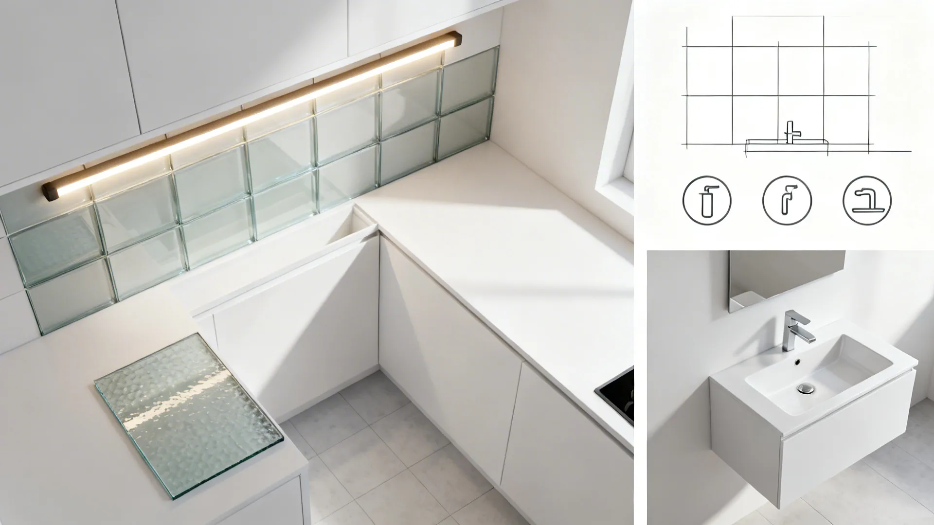 Top-down collage of LED strip, L-shaped plan, glass backsplash, and wall-hung vanity concept.