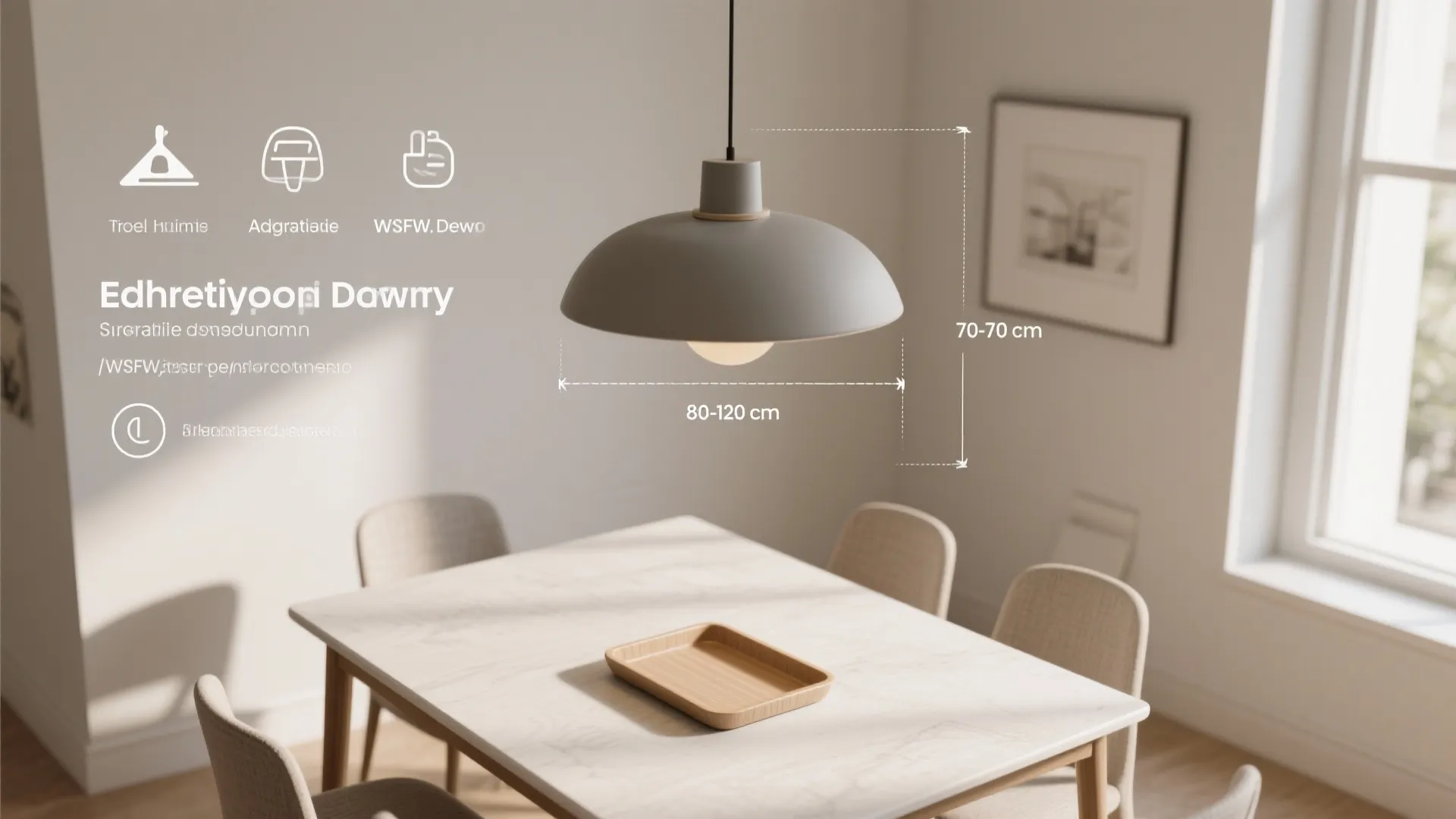 Dining room design guide showing height measurements for a grey ceiling light over the table