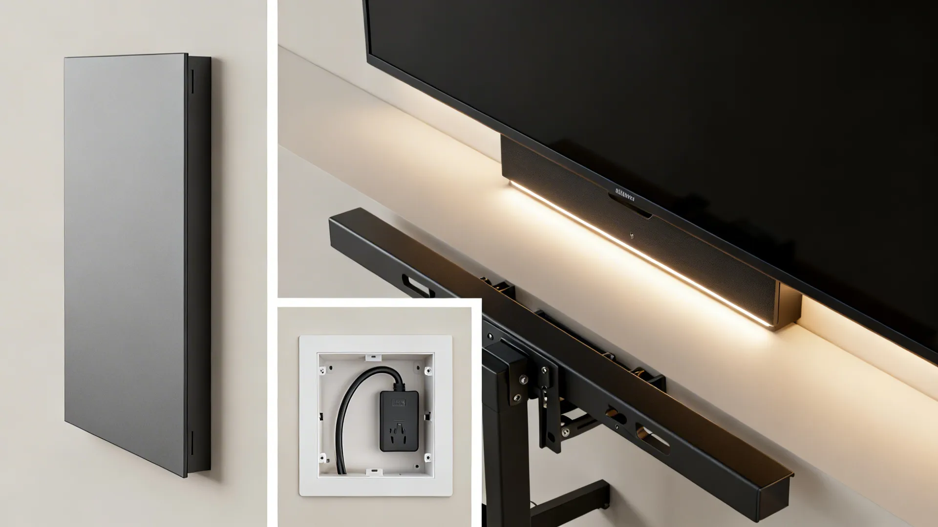 Top-down vignettes showing panel sizing, in-wall cable routing with recessed power, and LED bias lighting placement.