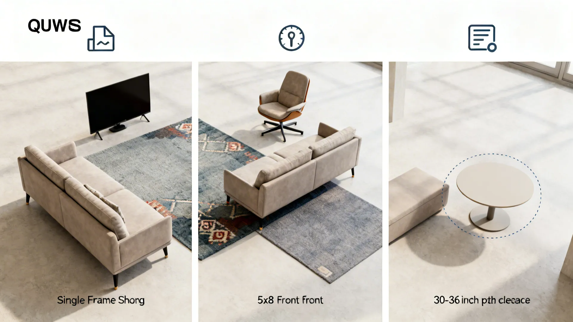 Top-down mini layouts showing TV placement, rug overlap, and clearances in a small L-shaped room.
