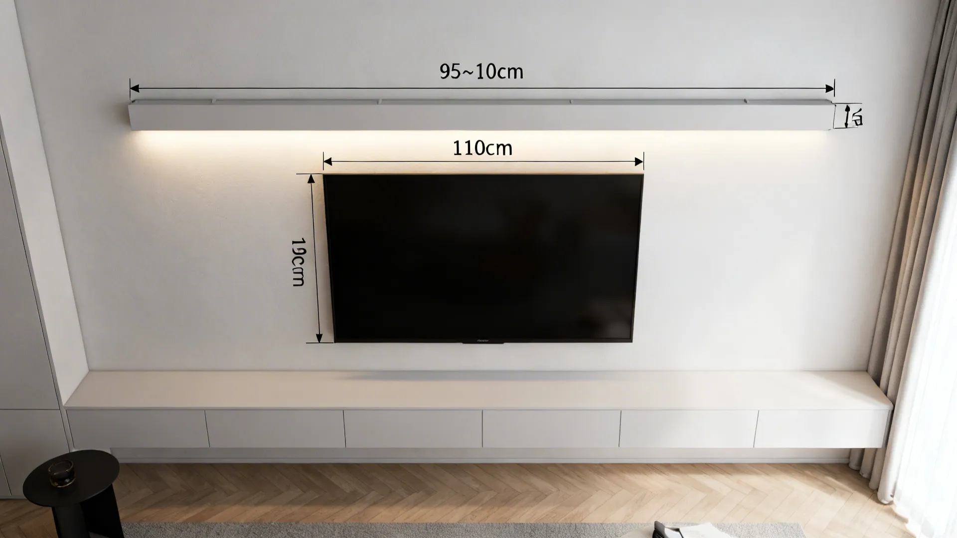 Top-down schematic layout showing ideal TV center height, viewing distance, raceway cable routing, and bias lighting.